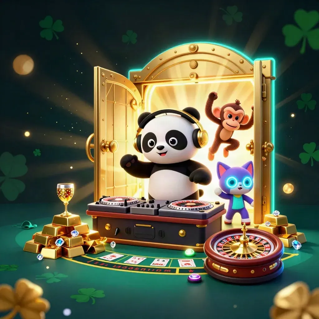 Tiga karakter kartun DJ panda, monyet breakdance, dan kucing rave di depan brankas emas bercahaya.
