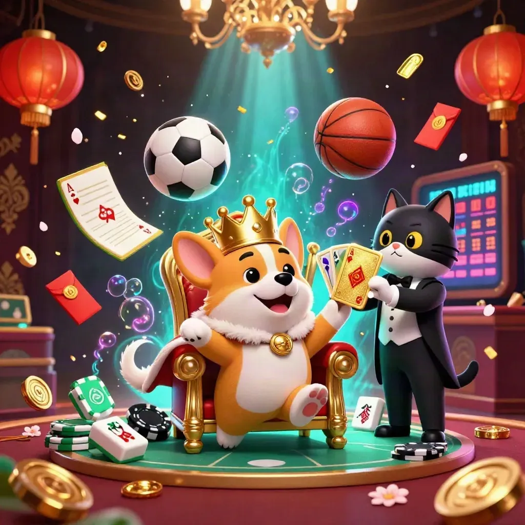 Korgi mahkota dan kucing pelayan di takhta chip, bola olahraga dan kilau kasino meledak.