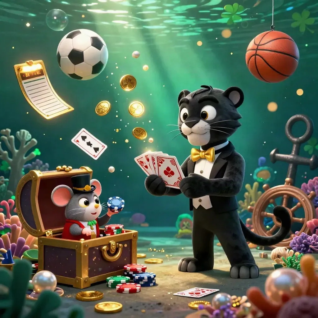 Panther, burung hantu, dan tikus di gua harta bawah laut dengan bola, chip, kartu, dan cahaya emas.