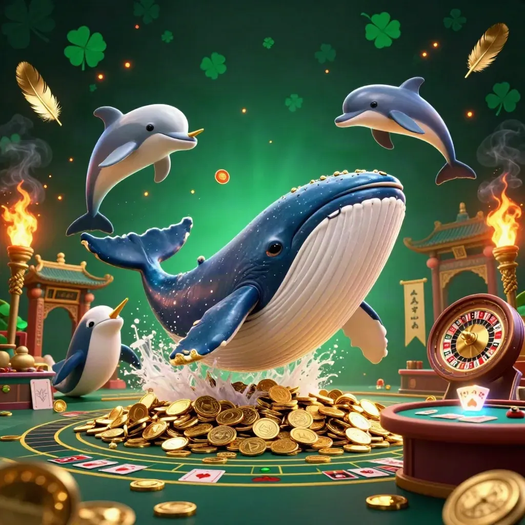 Paus kartun kapten, narwhal emas, dan lumba-lumba di kasino laut mewah penuh emas.