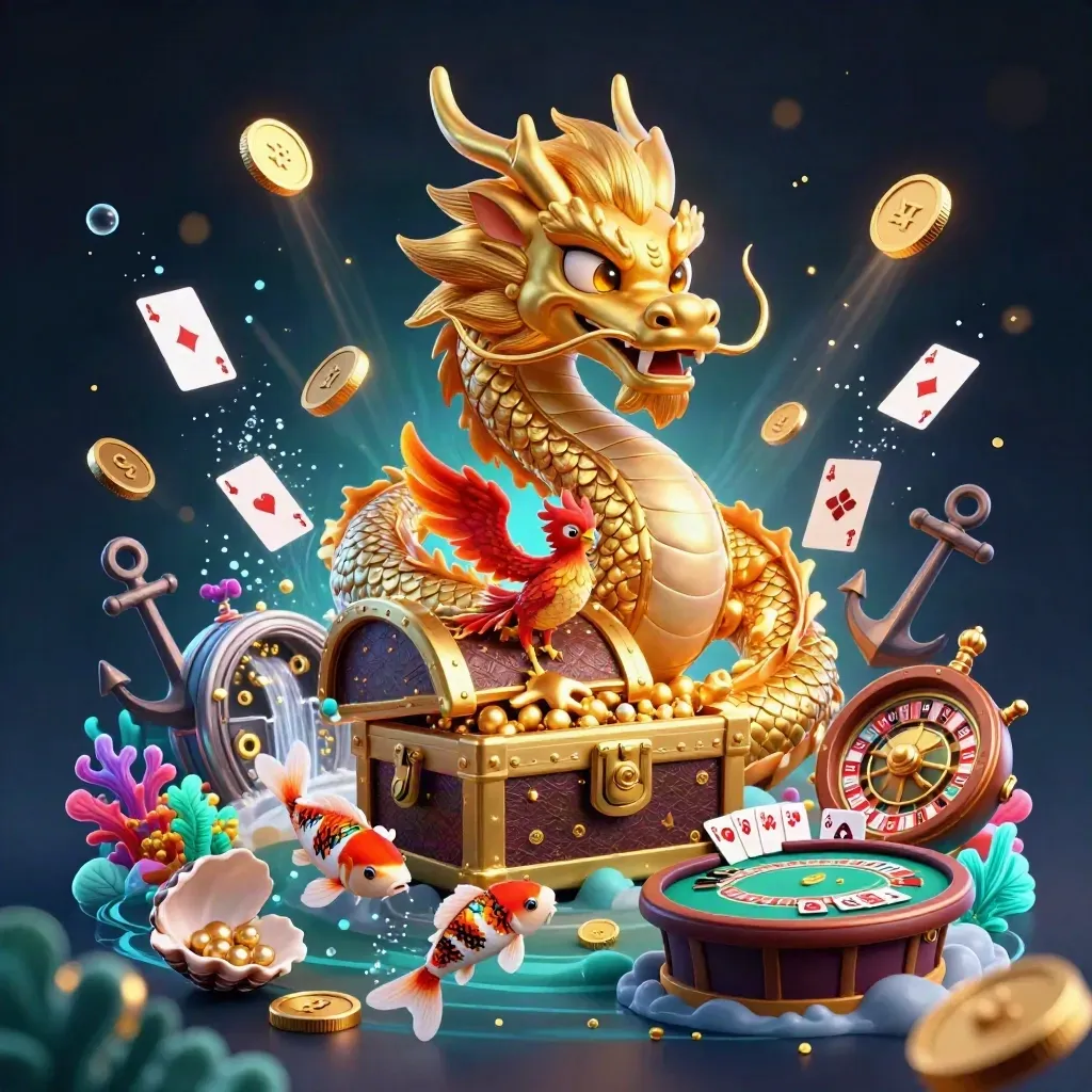 Naga emas, phoenix merah, koi, koin emas, karang biru, dan roda roulette di latar laut gelap.