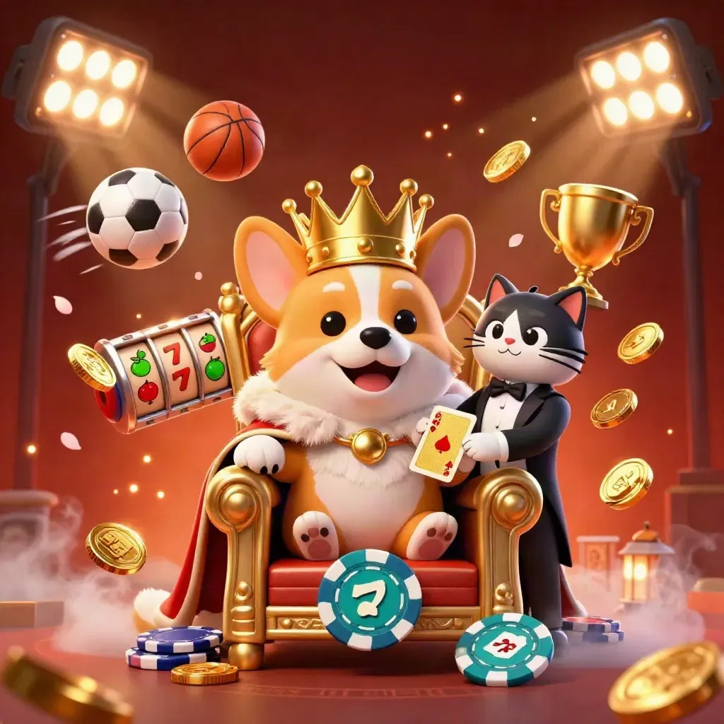 Raja corgi dan kucing pelayan di tengah koin emas, bola olahraga, slot, dan cahaya mewah.